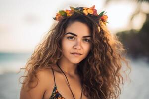 portrait de un attrayant Jeune femme sur tropical plage génératif ai photo