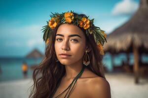 portrait de un attrayant Jeune femme sur tropical plage génératif ai photo