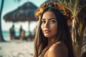 portrait de un attrayant Jeune femme sur tropical plage génératif ai photo