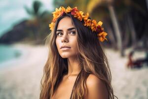 portrait de un attrayant Jeune femme sur tropical plage génératif ai photo