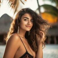 portrait de un attrayant Jeune femme sur tropical plage génératif ai photo