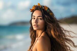 portrait de un attrayant Jeune femme sur tropical plage génératif ai photo