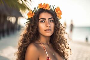 portrait de un attrayant Jeune femme sur tropical plage génératif ai photo