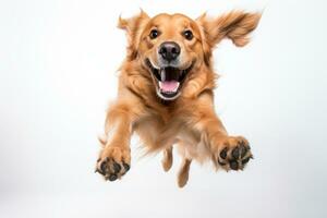 une d'or retriever est sauter en haut dans le air génératif ai photo