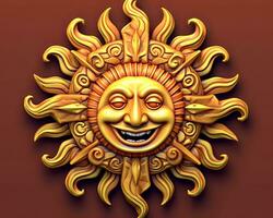 une d'or Soleil avec une souriant visage sur une rouge Contexte génératif ai photo