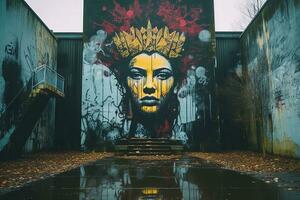 une grand mural de une femme avec une couronne sur sa tête génératif ai photo