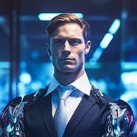 une homme dans une costume et attacher permanent suivant à une robot génératif ai photo