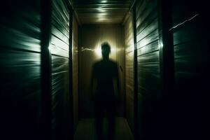 une homme est permanent dans une foncé couloir à nuit génératif ai photo
