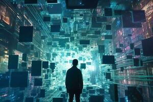 une homme permanent dans de face de une Labyrinthe rempli avec cubes génératif ai photo