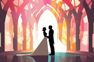 une silhouette de une la mariée et jeune marié permanent dans de face de une gothique église génératif ai photo