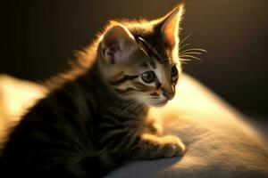 une petit chaton séance sur une lit dans le lumière du soleil génératif ai photo