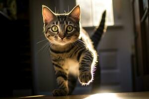 une tigré chat en marchant sur une en bois sol génératif ai photo