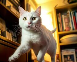 une blanc chat est sauter en haut et vers le bas dans de face de une étagère à livres génératif ai photo