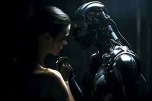 une femme et une robot sont à la recherche à chaque autre génératif ai photo