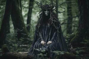 une femme dans une noir robe séance sur une Journal dans le les bois génératif ai photo