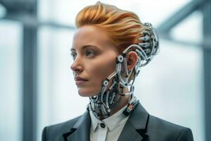 une femme dans une affaires costume avec une robot tête génératif ai photo