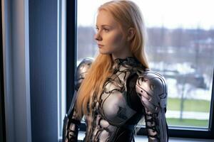 une femme dans une futuriste costume permanent par une fenêtre génératif ai photo