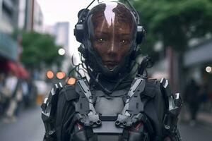 une femme dans une futuriste costume permanent dans le milieu de une ville rue génératif ai photo