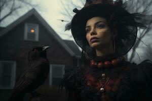 une femme dans une gothique costume avec une corbeau sur sa épaule génératif ai photo