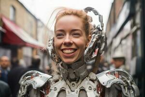 une femme dans une robot costume sourit pour le caméra génératif ai photo