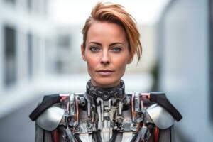 une femme dans une robot costume permanent dans de face de une bâtiment génératif ai photo