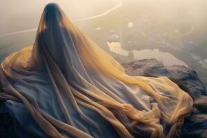 une femme dans une voile est assis sur Haut de une Montagne génératif ai photo