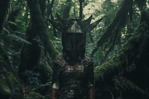 une femme dans armure permanent dans le milieu de une forêt génératif ai photo