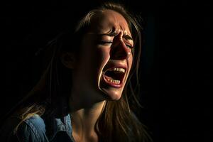 une femme est pleurs dans le foncé génératif ai photo