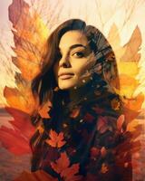 une femme est entouré par l'automne feuilles génératif ai photo