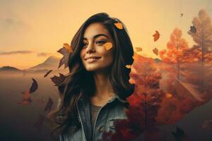 une femme est entouré par l'automne feuilles génératif ai photo