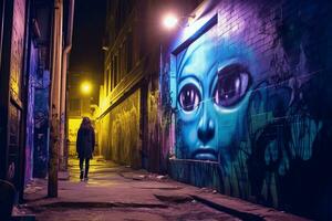 une femme est en marchant vers le bas un ruelle à nuit avec une bleu extraterrestre visage peint sur le mur génératif ai photo