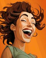 une femme en riant avec sa cheveux soufflant dans le vent génératif ai photo