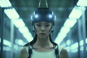 une femme portant une casque dans une futuriste réglage génératif ai photo