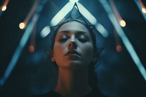 une femme avec une couronne sur sa tête dans une foncé pièce génératif ai photo