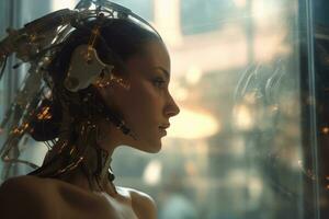 une femme avec une robot tête et corps dans de face de une fenêtre génératif ai photo