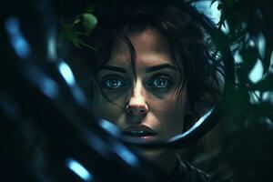 une femme avec bleu yeux à la recherche par une miroir génératif ai photo