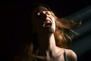 une femme avec sa bouche ouvert dans le foncé génératif ai photo
