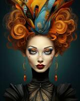 une femme avec Orange cheveux et plumes sur sa tête génératif ai photo