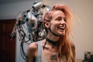 une femme avec rose cheveux est souriant tandis que en portant une robot tête génératif ai photo