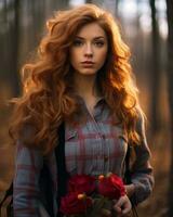 une femme avec rouge cheveux en portant une bouquet de rouge des roses génératif ai photo