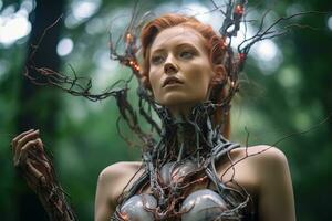 une femme avec rouge cheveux est portant une arbre branche sur sa tête génératif ai photo