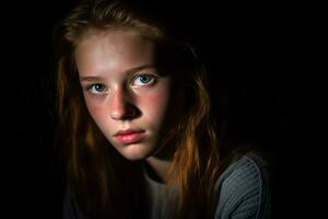 une Jeune fille avec rouge cheveux et bleu yeux génératif ai photo