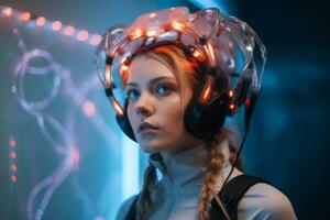 une Jeune femme portant écouteurs avec embrasé lumières sur sa tête génératif ai photo