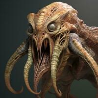 un extraterrestre créature avec grand les dents et grand yeux génératif ai photo