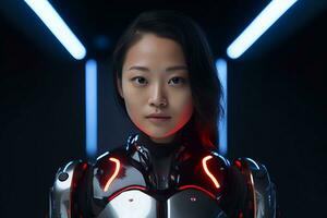 un asiatique femme dans une futuriste costume avec néon lumières génératif ai photo