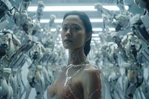 un asiatique femme permanent dans de face de des robots génératif ai photo