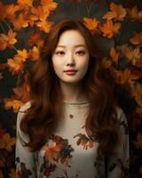 un asiatique femme avec longue rouge cheveux permanent dans de face de l'automne feuilles génératif ai photo