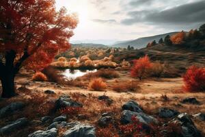 un l'automne paysage avec des arbres rochers et l'eau génératif ai photo