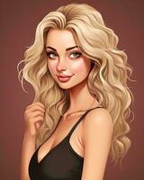 un illustration de une magnifique blond femme avec longue ondulé cheveux génératif ai photo