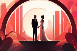 un illustration de une la mariée et jeune marié permanent dans de face de une paysage urbain génératif ai photo